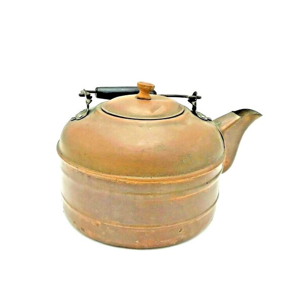 Large Copper Stovetop Tea Kettle Wooden Handle 7 inch Coffee Pot Wood Stove VTG - Picture 1 of 11